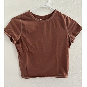 Hollister Womens Size M Brown Crop Top Fitted T-Shirt Contrast‎ Stitching Casual